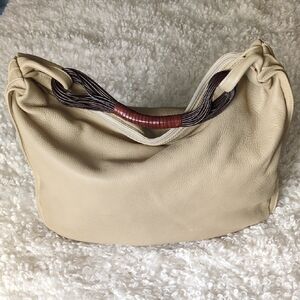Fesozzi Franco Cream Leather Hobo Bag with Brown Wrapped Handle Accent